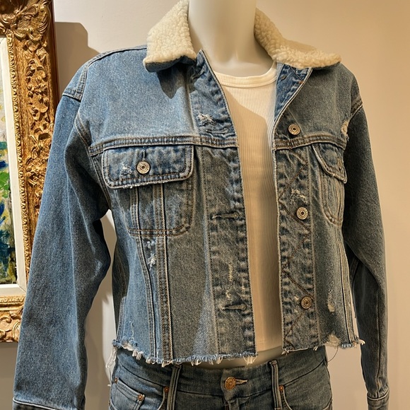 Abercrombie & Fitch Jackets & Blazers - Abercrombie & Finch sheep wool collar light wash distressed cropped Jean…